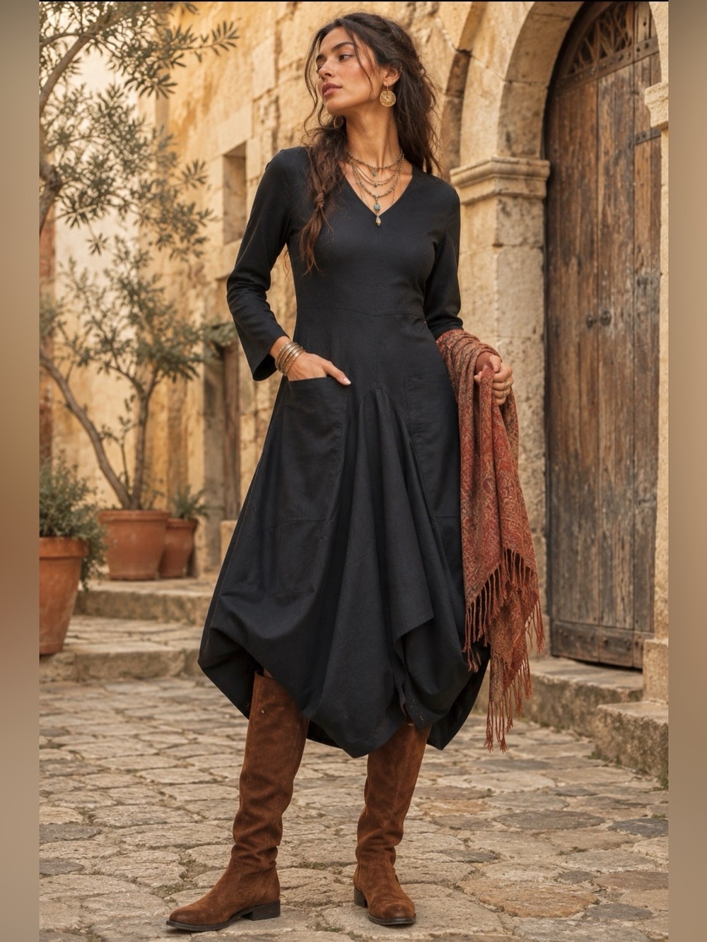 Boho Black Long Sleeve V-Neck Handkerchief Hem Dress w/ Pockets Lagenlook Midi S